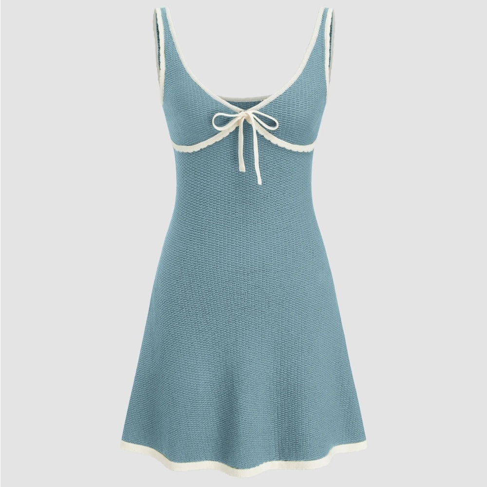 KNITTED V-NECK SOLID CONTRASTING BINDING KNOTTED MINI DRESS